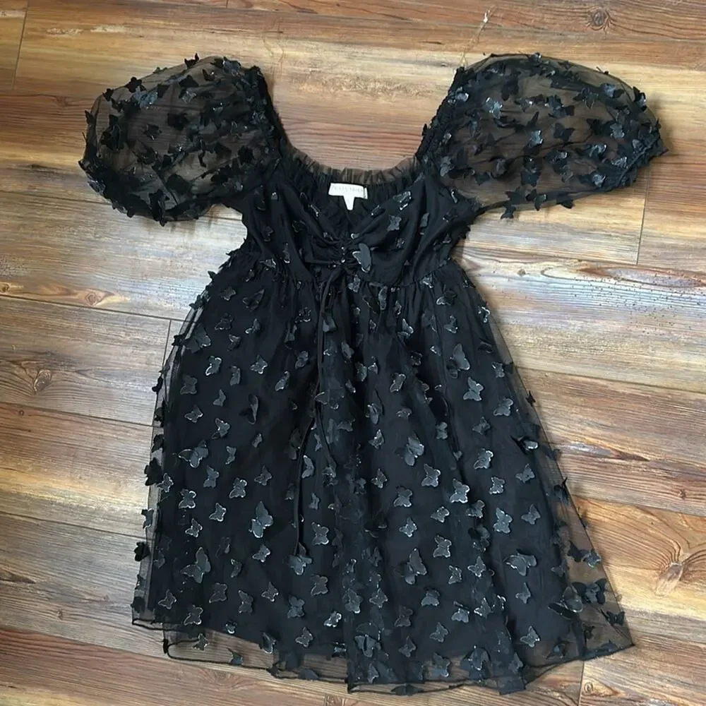 Thirty Thirty LA 3D Butterfly Babydoll Dress, Black S Mini Dress - Picture 4 of 9